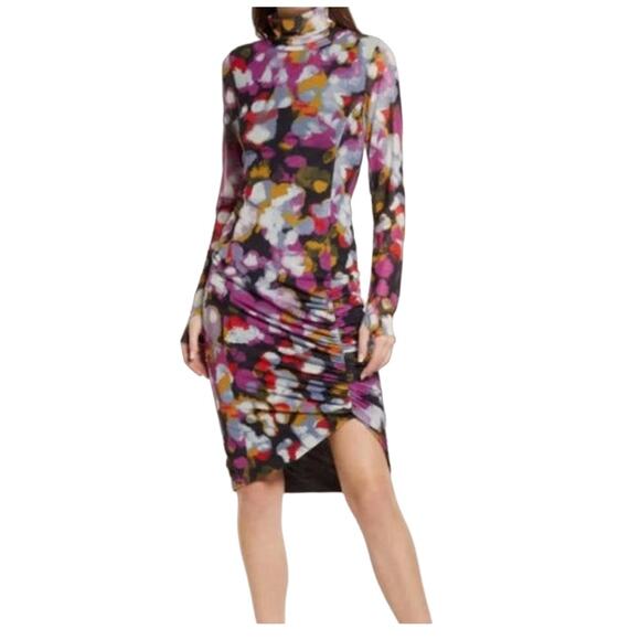 Open Edit Black Floral Painted Confetti Long Sleeve Ruched Mesh Dress - SIZE M - Picture 4 of 10